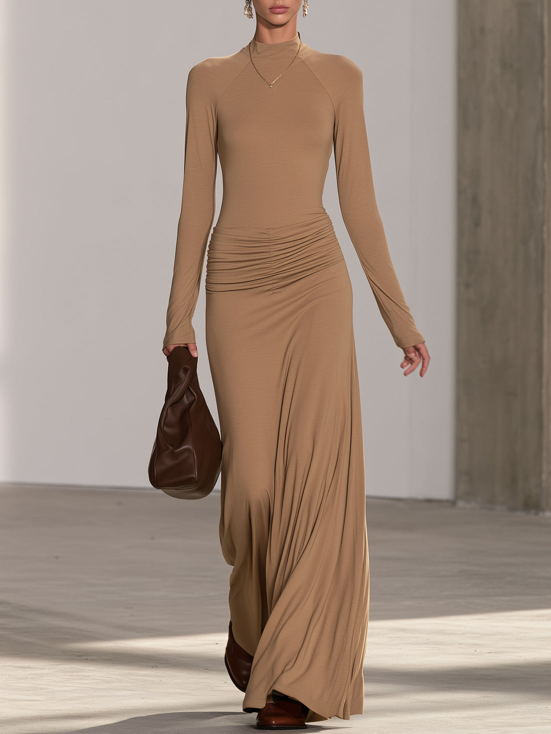 Elegant And Stylish Low-waisted Pleated Long-sleeved Maxi Dress