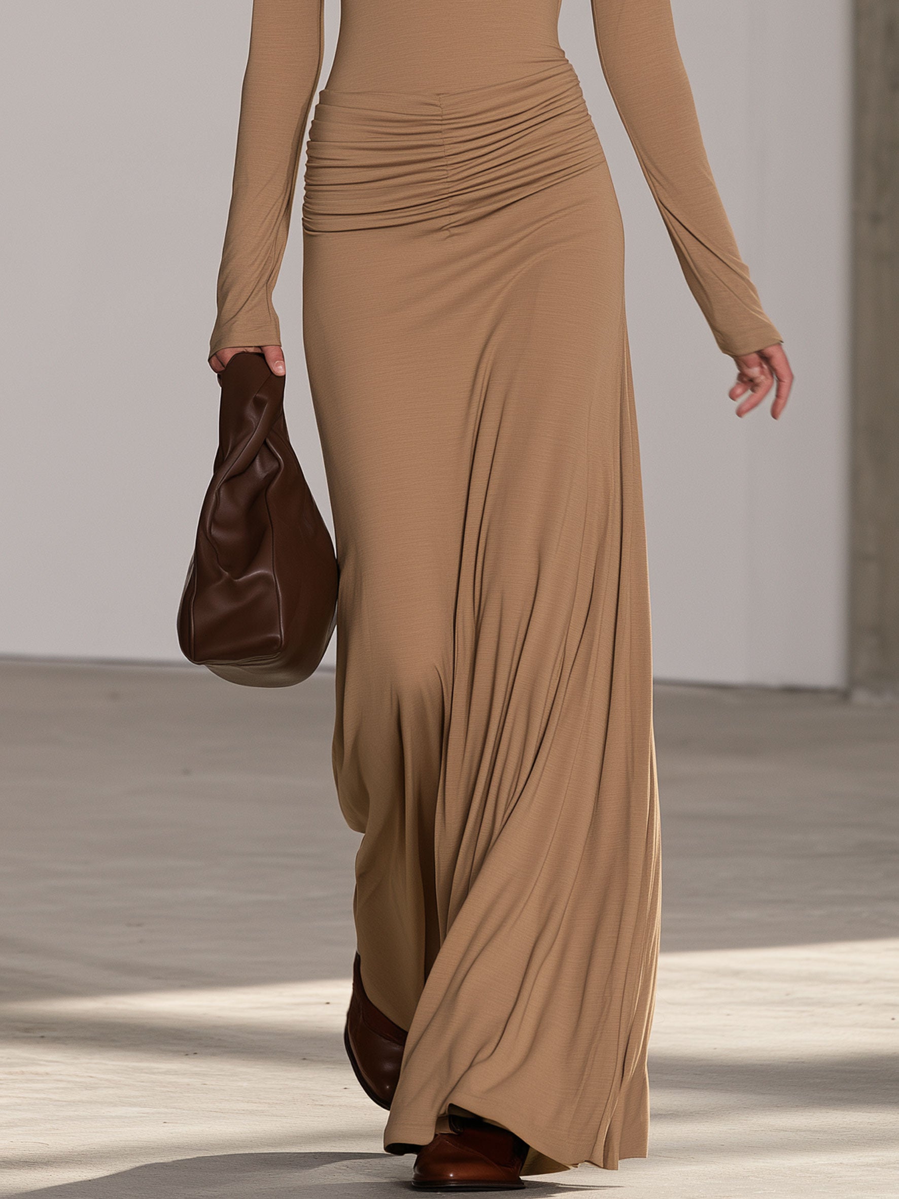 Elegant And Stylish Low-waisted Pleated Long-sleeved Maxi Dress