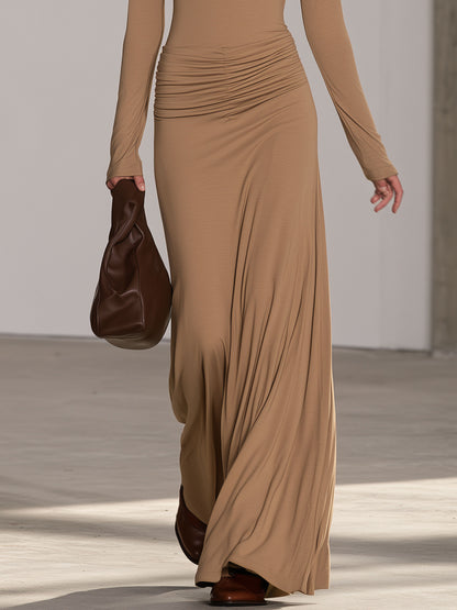 Elegant And Stylish Low-waisted Pleated Long-sleeved Maxi Dress