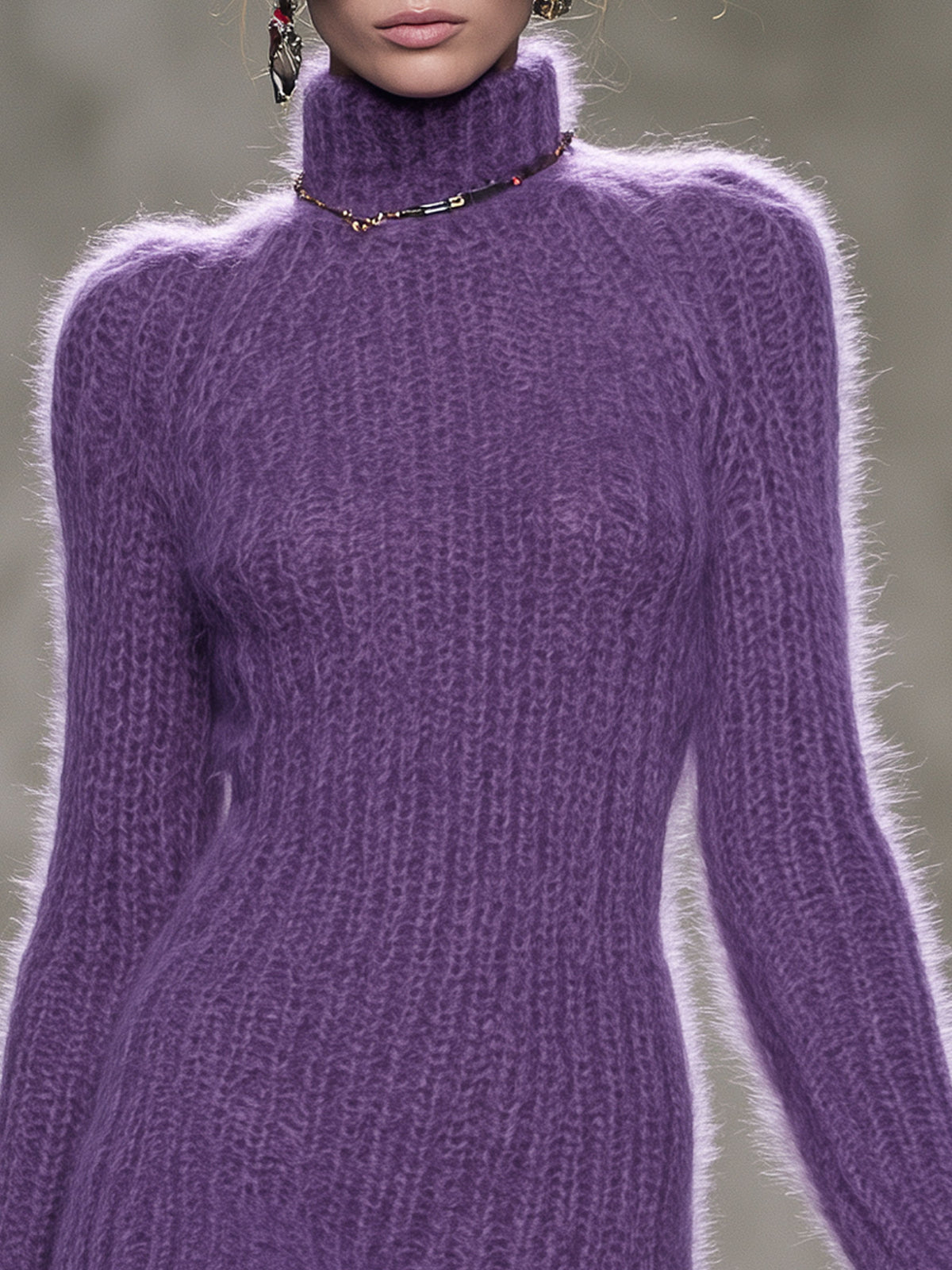 Elegant And Stylish High-neck Ruffled Purple Mohair Knit Mini Dress