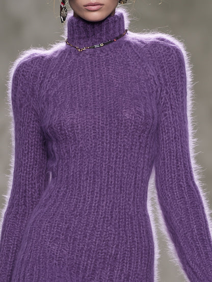 Elegant And Stylish High-neck Ruffled Purple Mohair Knit Mini Dress