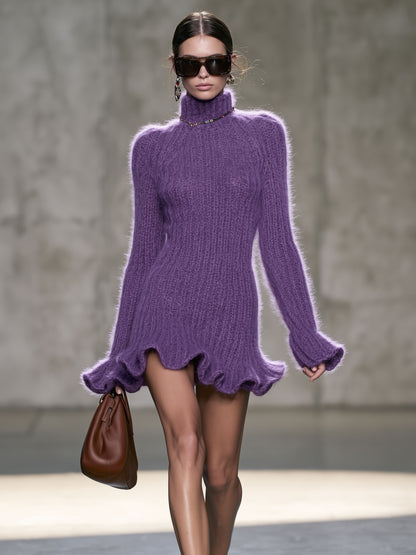 Elegant And Stylish High-neck Ruffled Purple Mohair Knit Mini Dress