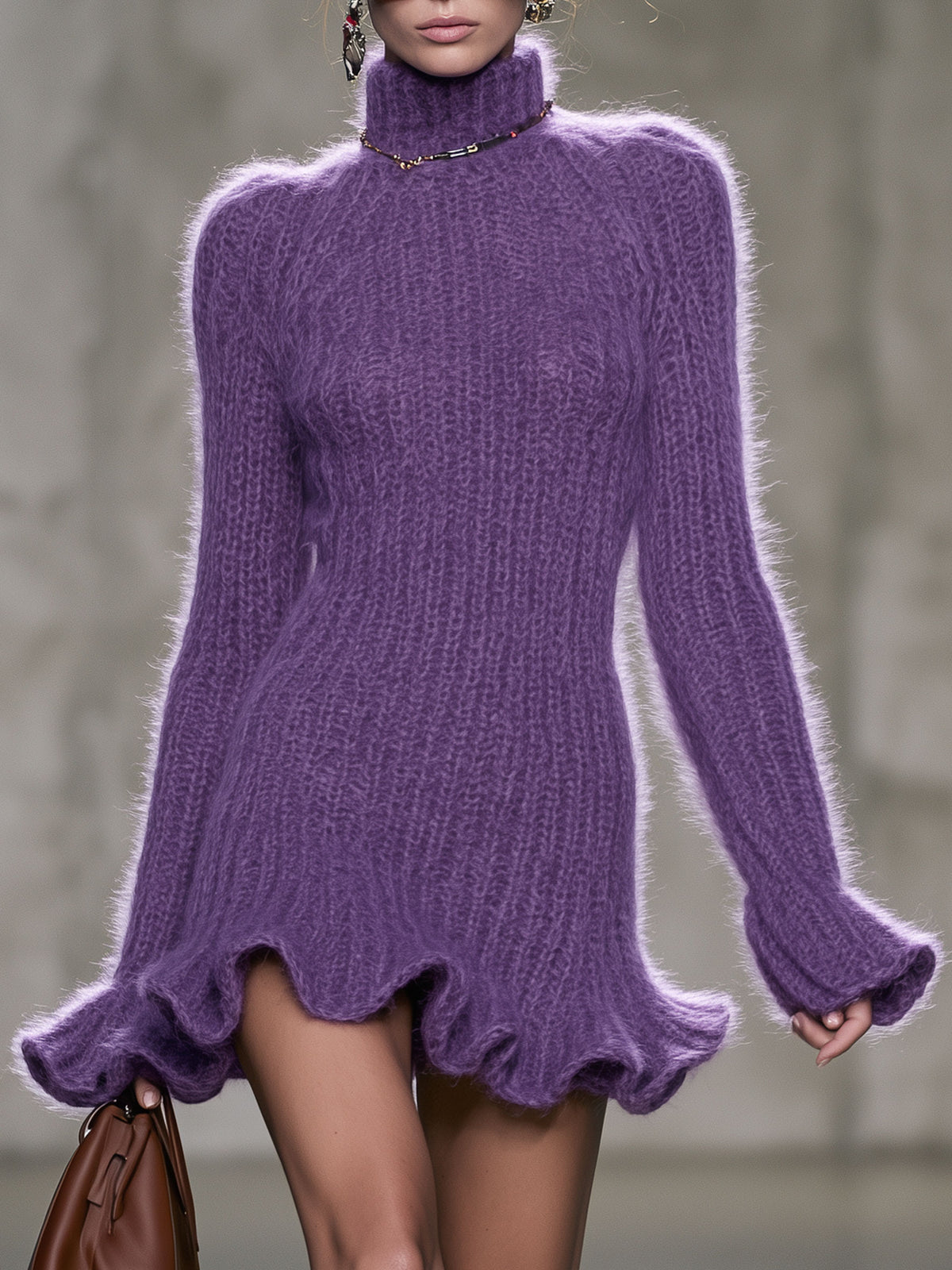 Elegant And Stylish High-neck Ruffled Purple Mohair Knit Mini Dress