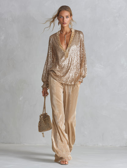 Chic Champagne Sequin Top And Textured Velvet Trousers Party Set