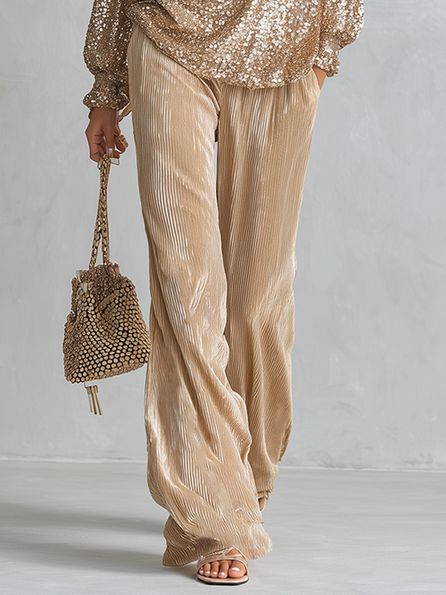 Chic Champagne Sequin Top And Textured Velvet Trousers Party Set