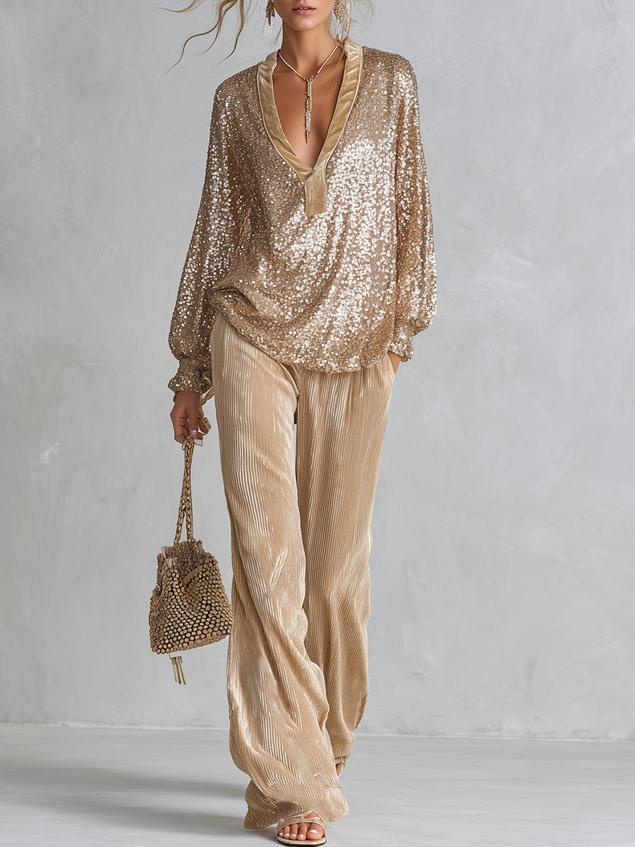 Chic Champagne Sequin Top And Textured Velvet Trousers Party Set