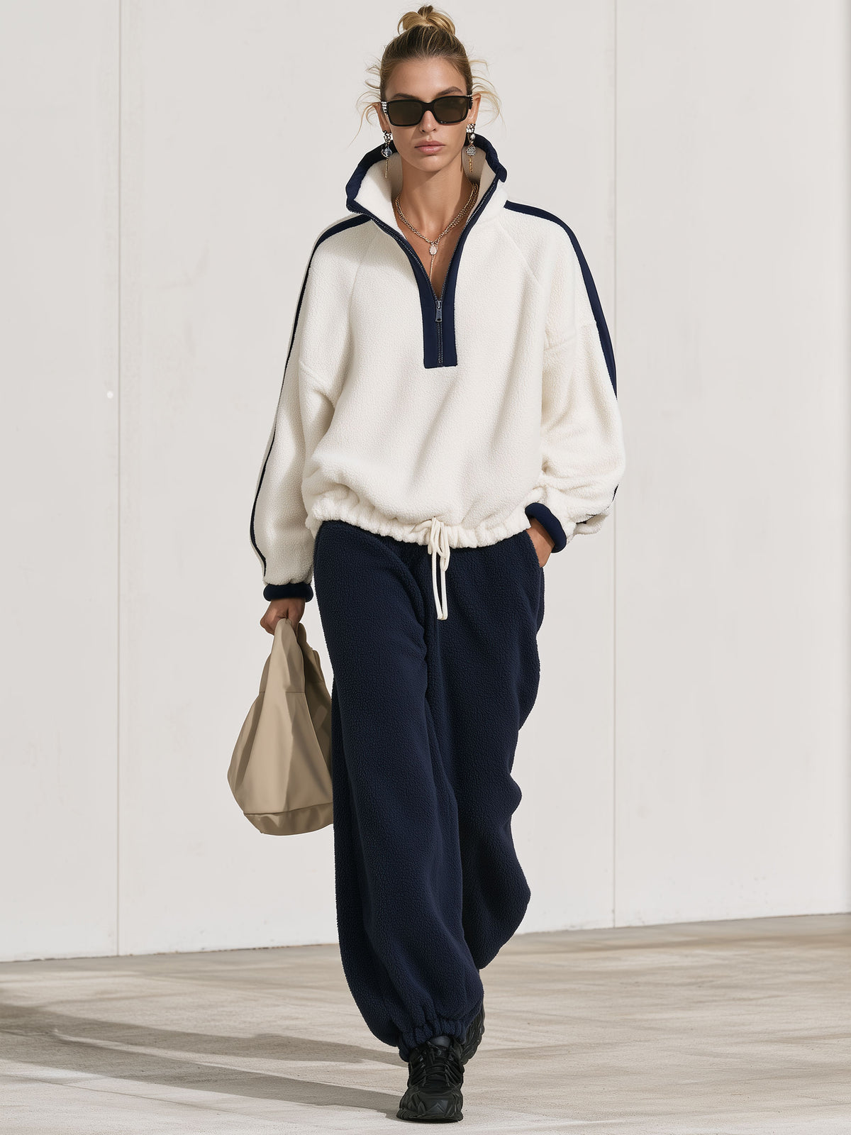 Casual Loose-fitting Half-zip Drawstring Fleece Sweatshirt And Pants Set