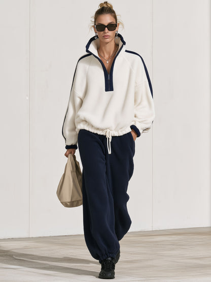 Casual Loose-fitting Half-zip Drawstring Fleece Sweatshirt And Pants Set