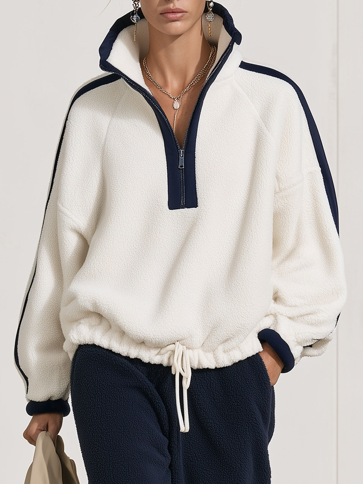 Casual Loose-fitting Half-zip Drawstring Fleece Sweatshirt And Pants Set