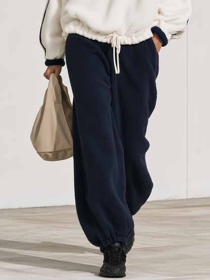 Casual Loose-fitting Half-zip Drawstring Fleece Sweatshirt And Pants Set