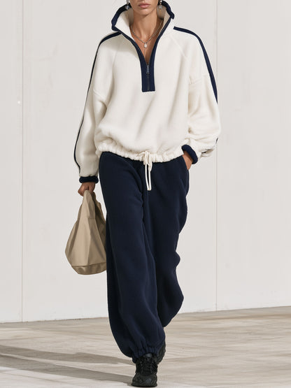 Casual Loose-fitting Half-zip Drawstring Fleece Sweatshirt And Pants Set
