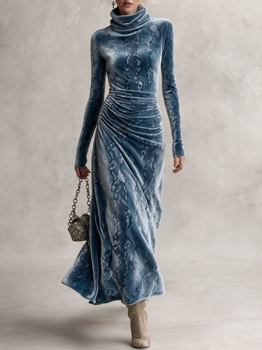 Retro Elegant Blue Snake-Print Turtleneck Ruched Velvet Maxi Dress