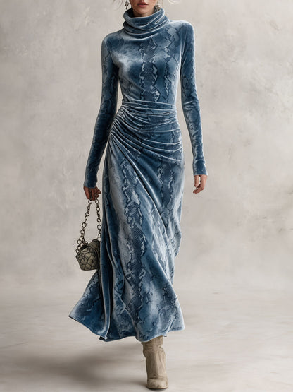 Retro Elegant Blue Snake-Print Turtleneck Ruched Velvet Maxi Dress