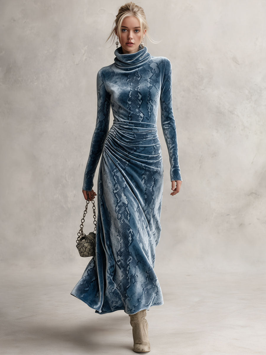 Retro Elegant Blue Snake-Print Turtleneck Ruched Velvet Maxi Dress
