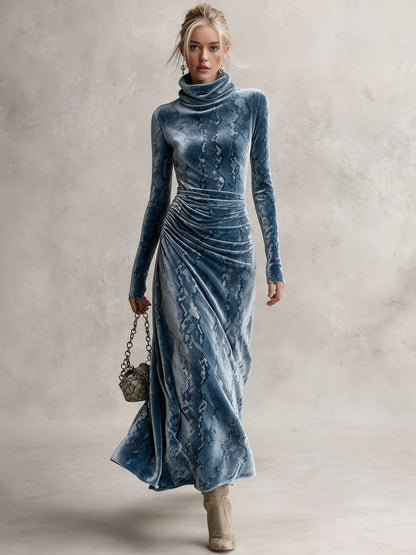 Retro Elegant Blue Snake-Print Turtleneck Ruched Velvet Maxi Dress