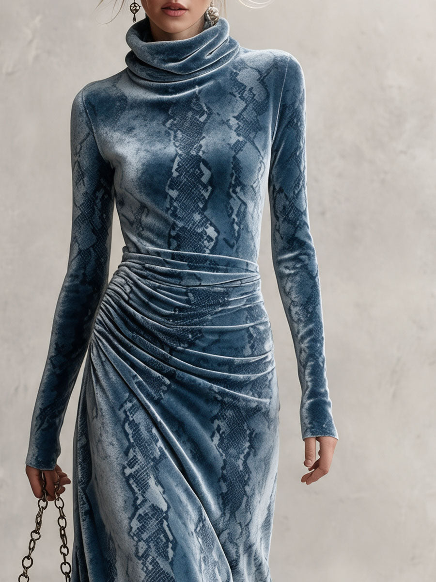 Retro Elegant Blue Snake-Print Turtleneck Ruched Velvet Maxi Dress