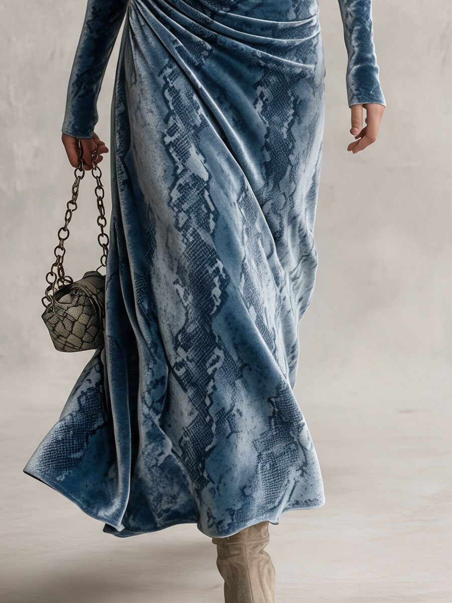 Retro Elegant Blue Snake-Print Turtleneck Ruched Velvet Maxi Dress