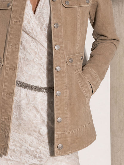 Casual Retro Military Style Camel Denim Jacket