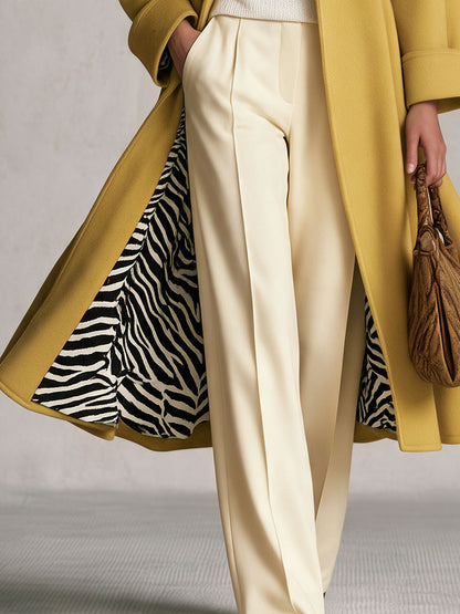 Retro Elegant Mustard Yellow Double-Breasted Zebra-Lined Wool Blend Coat