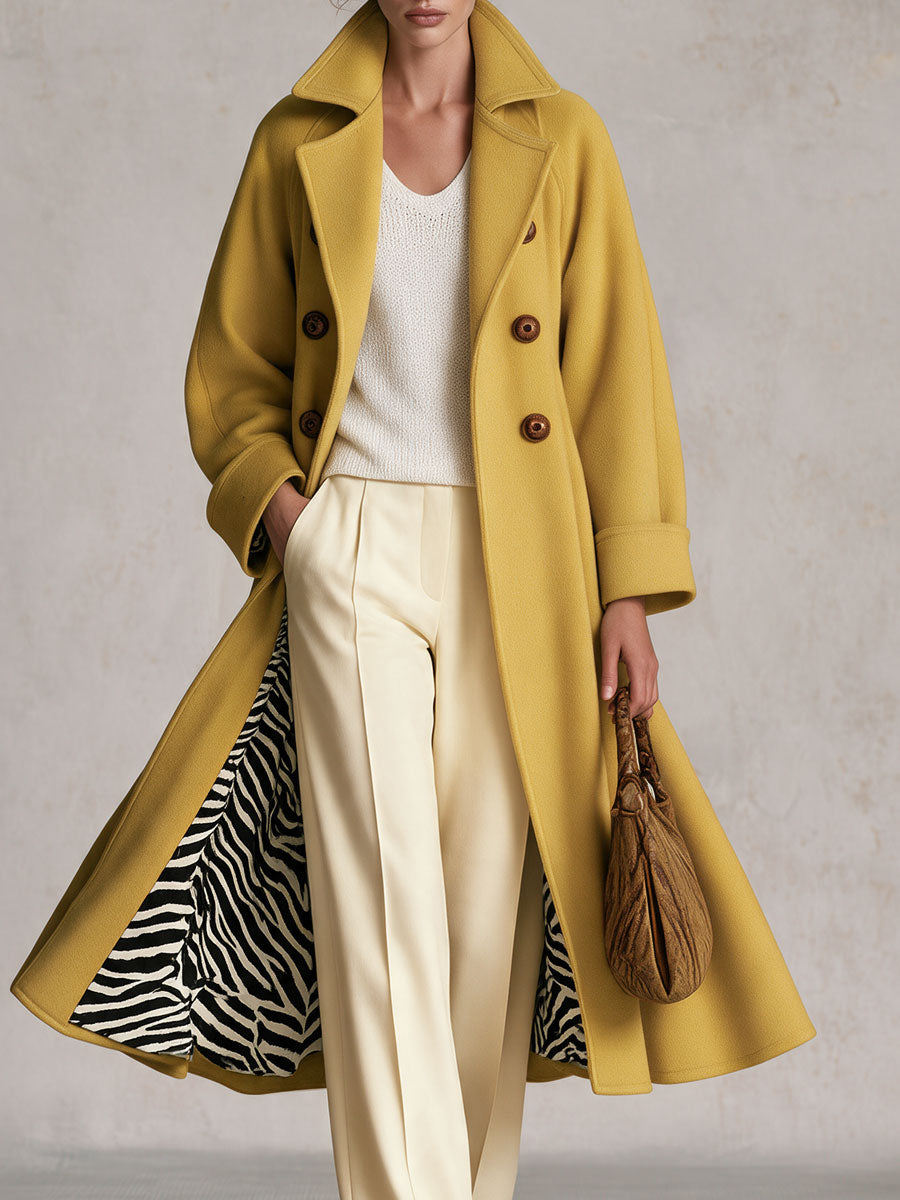 Retro Elegant Mustard Yellow Double-Breasted Zebra-Lined Wool Blend Coat