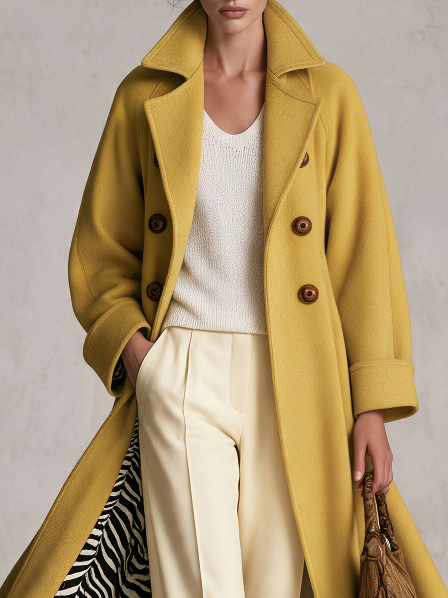 Retro Elegant Mustard Yellow Double-Breasted Zebra-Lined Wool Blend Coat