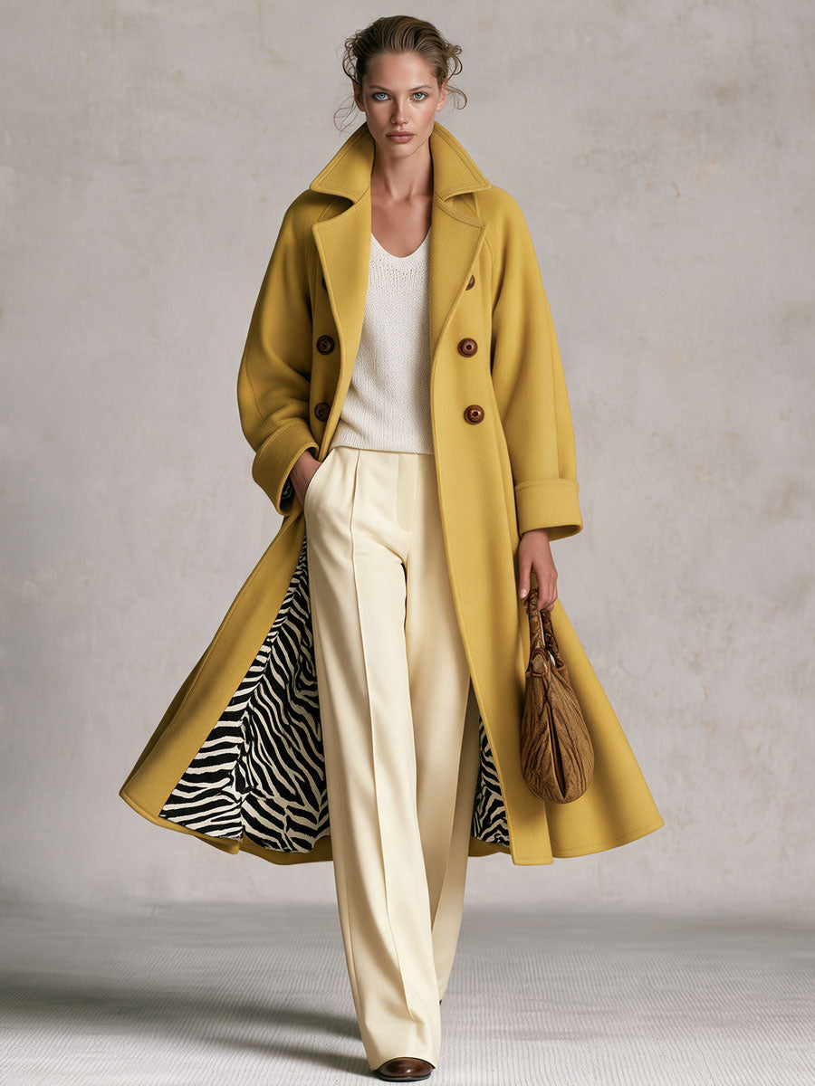 Retro Elegant Mustard Yellow Double-Breasted Zebra-Lined Wool Blend Coat