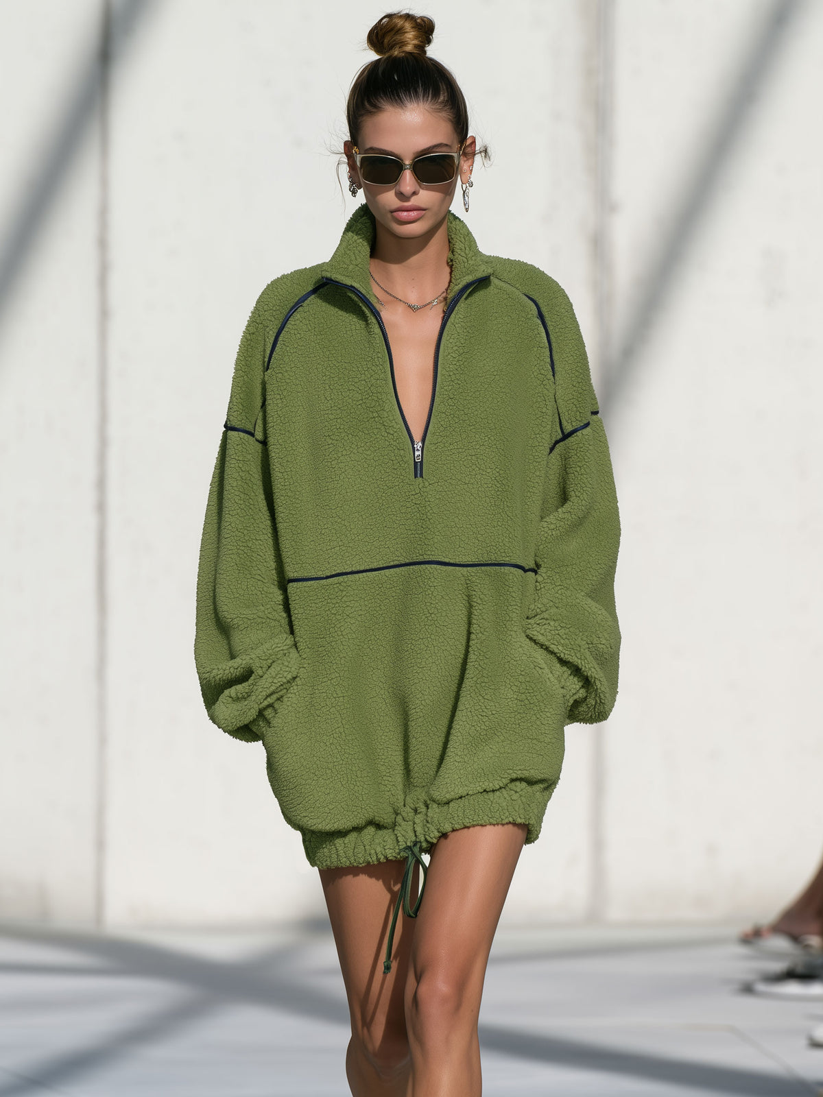 Casual Loose-fitting Half-zip Green Fleece Drawstring Mini Dress