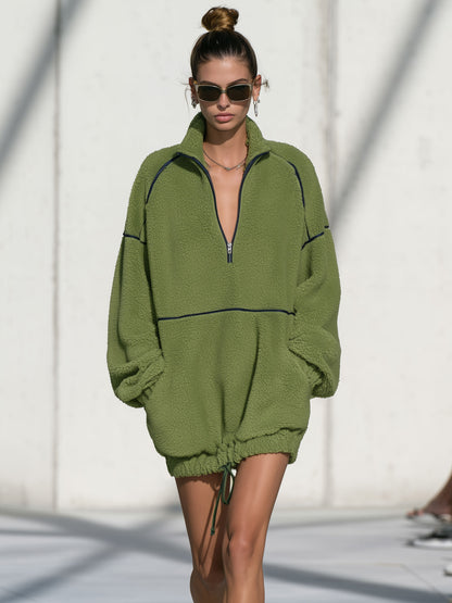 Casual Loose-fitting Half-zip Green Fleece Drawstring Mini Dress