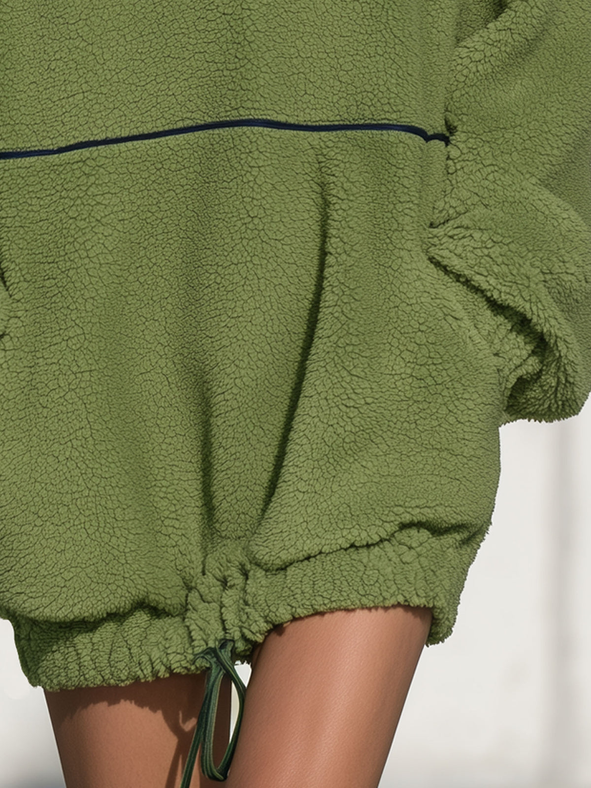 Casual Loose-fitting Half-zip Green Fleece Drawstring Mini Dress