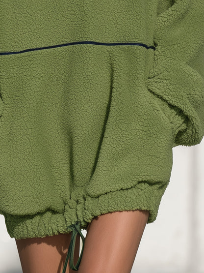 Casual Loose-fitting Half-zip Green Fleece Drawstring Mini Dress