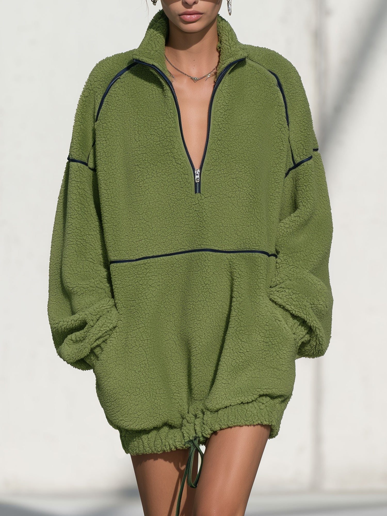 Casual Loose-fitting Half-zip Green Fleece Drawstring Mini Dress