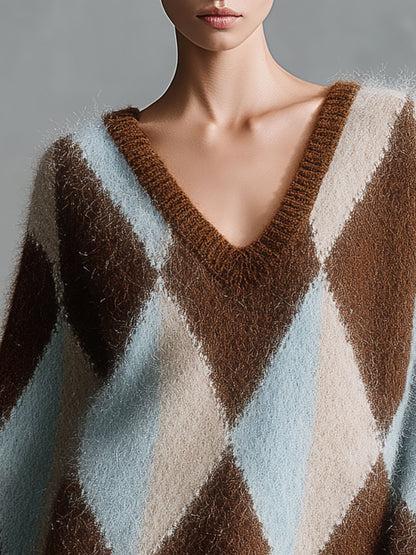 Retro-Elegant Oversized Brown And Blue Argyle V-Neck Mohair Knit Mini Dress