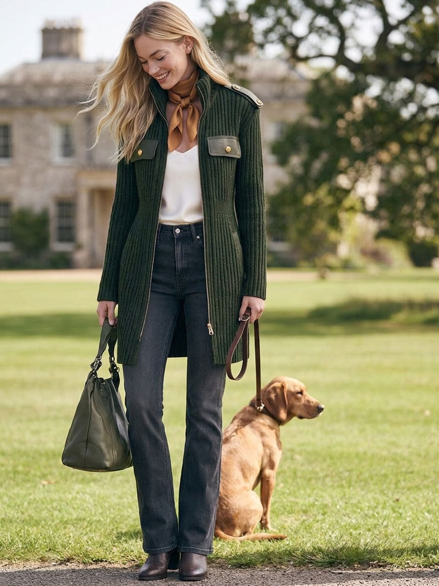 Retro Elegant Dark Green Stand-Collar Zip-Up Ribbed Knit Cardigan Coat