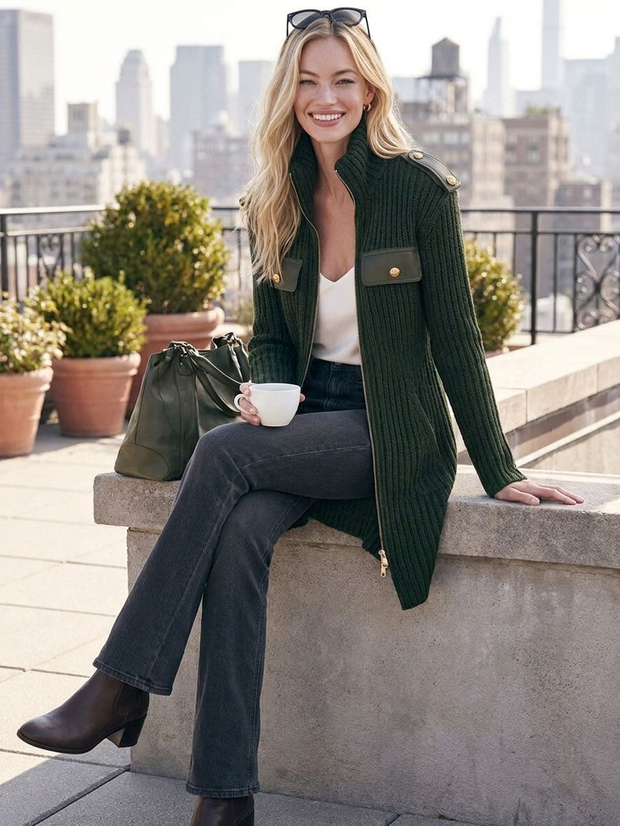 Retro Elegant Dark Green Stand-Collar Zip-Up Ribbed Knit Cardigan Coat