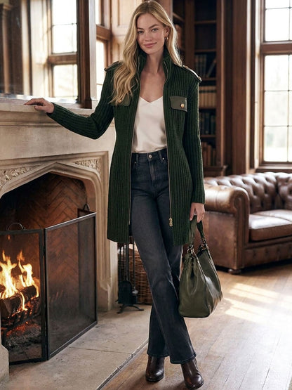 Retro Elegant Dark Green Stand-Collar Zip-Up Ribbed Knit Cardigan Coat