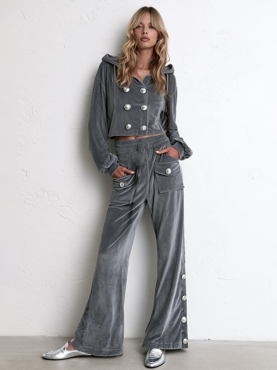 Casual Urban Grey Hooded Top And Multi-Pocket Wide-Leg Pants Velour Set