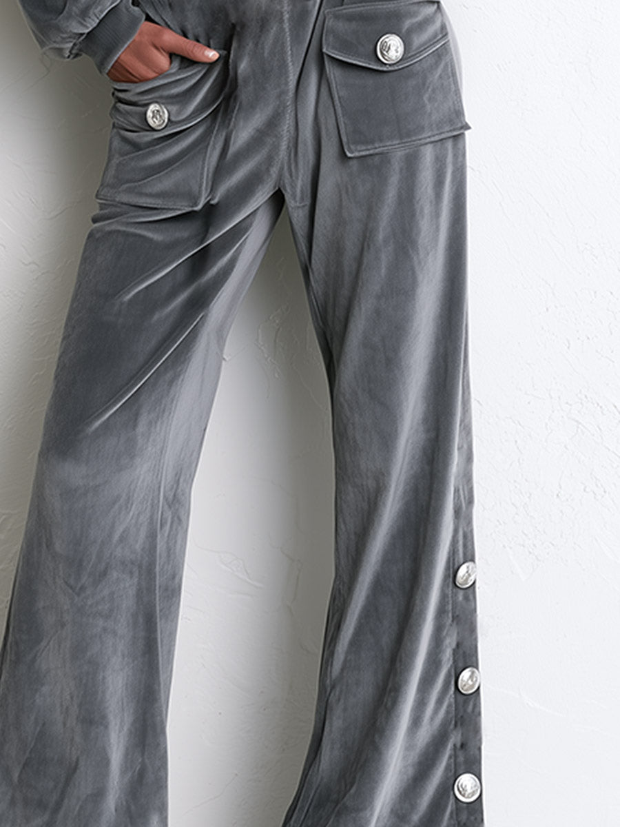 Casual Urban Grey Hooded Top And Multi-Pocket Wide-Leg Pants Velour Set