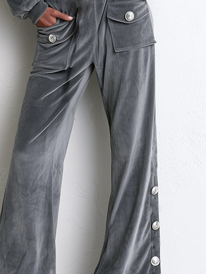 Casual Urban Grey Hooded Top And Multi-Pocket Wide-Leg Pants Velour Set