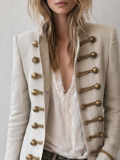 Vintage Military Cream Linen Band Jacket Women Gold Braid Button Stand Collar