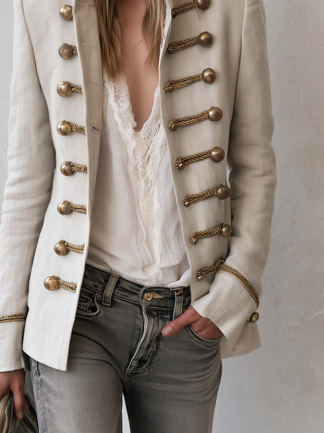 Vintage Military Cream Linen Band Jacket Women Gold Braid Button Stand Collar