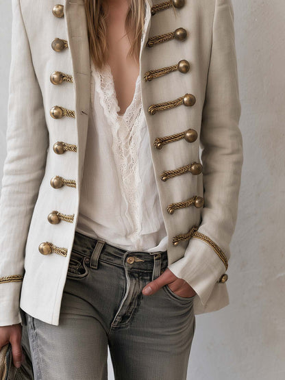 Vintage Military Cream Linen Band Jacket Women Gold Braid Button Stand Collar