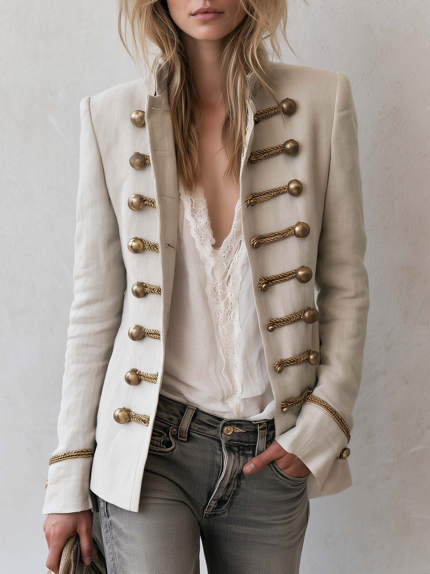 Vintage Military Cream Linen Band Jacket Women Gold Braid Button Stand Collar