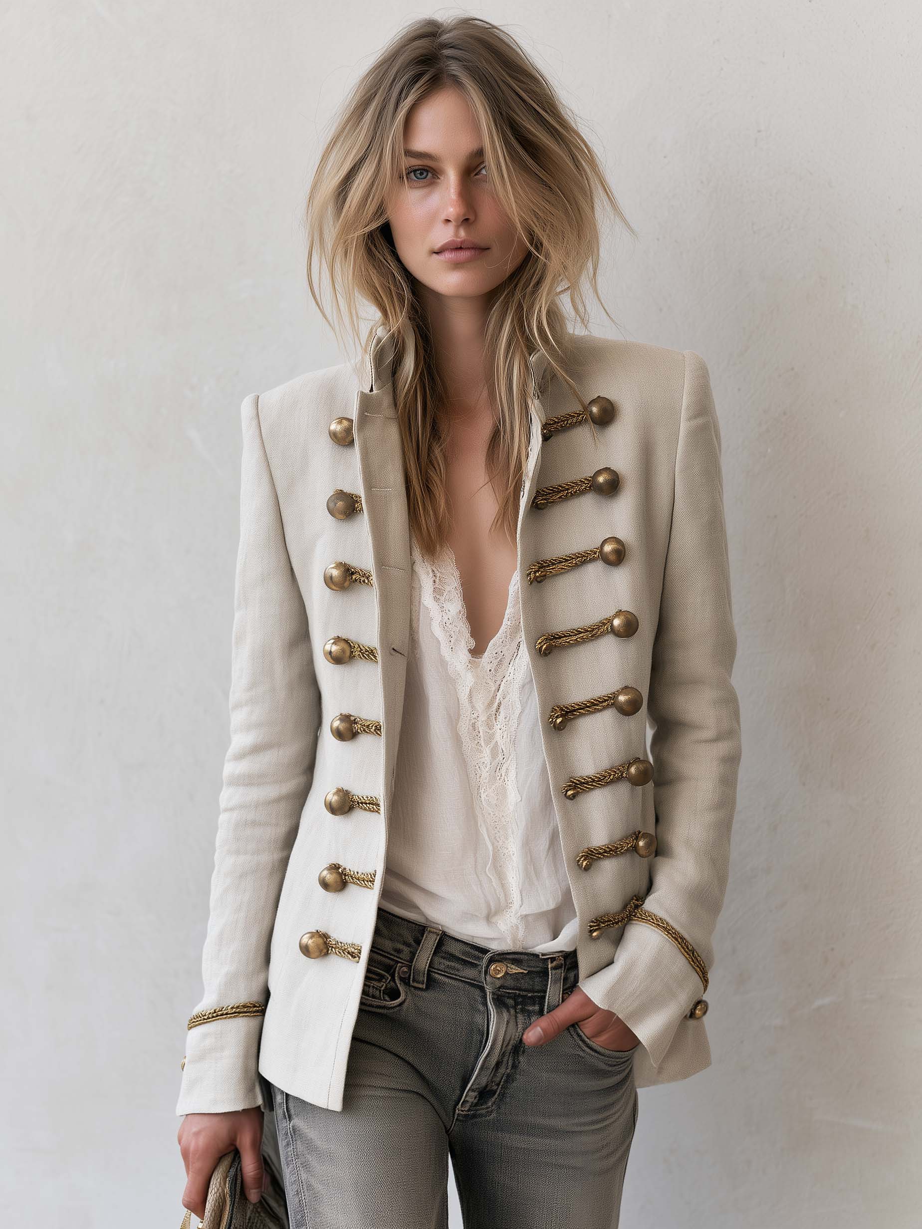 Vintage Military Cream Linen Band Jacket Women Gold Braid Button Stand Collar