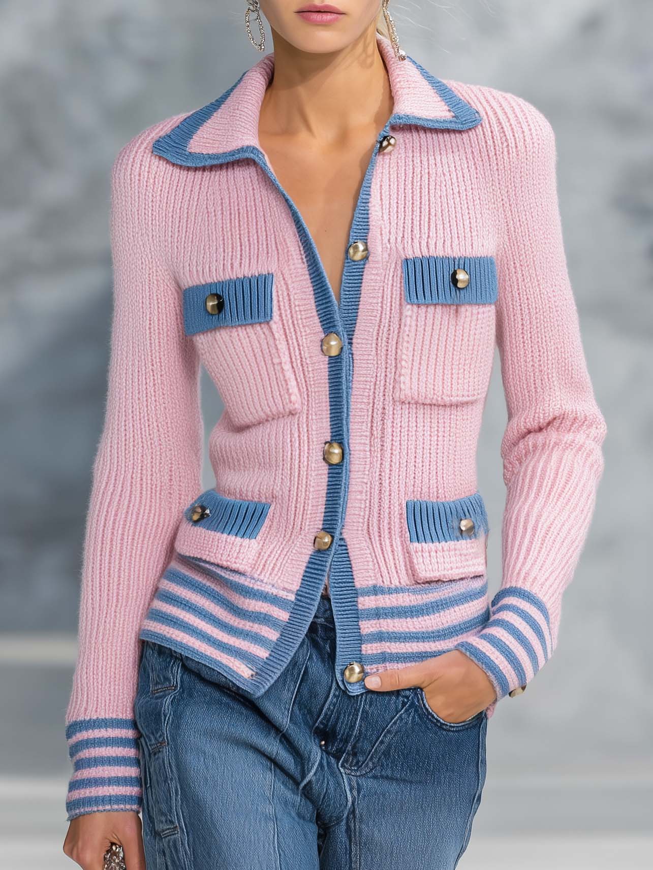 Retro Preppy Pink Knit Cardigan Jacket Blue Contrast Trim Gold Buttons