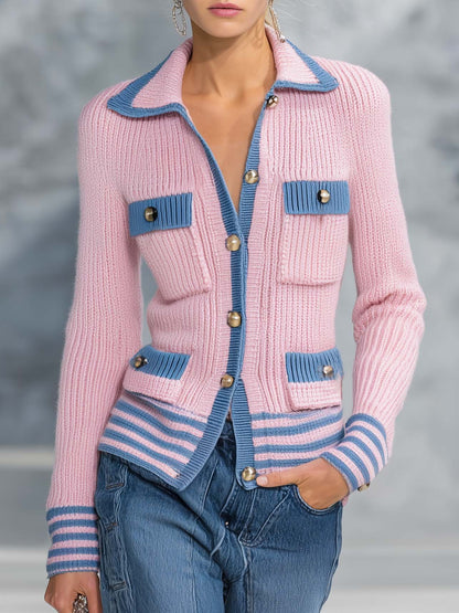 Retro Preppy Pink Knit Cardigan Jacket Blue Contrast Trim Gold Buttons