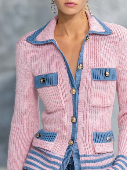 Retro Preppy Pink Knit Cardigan Jacket Blue Contrast Trim Gold Buttons
