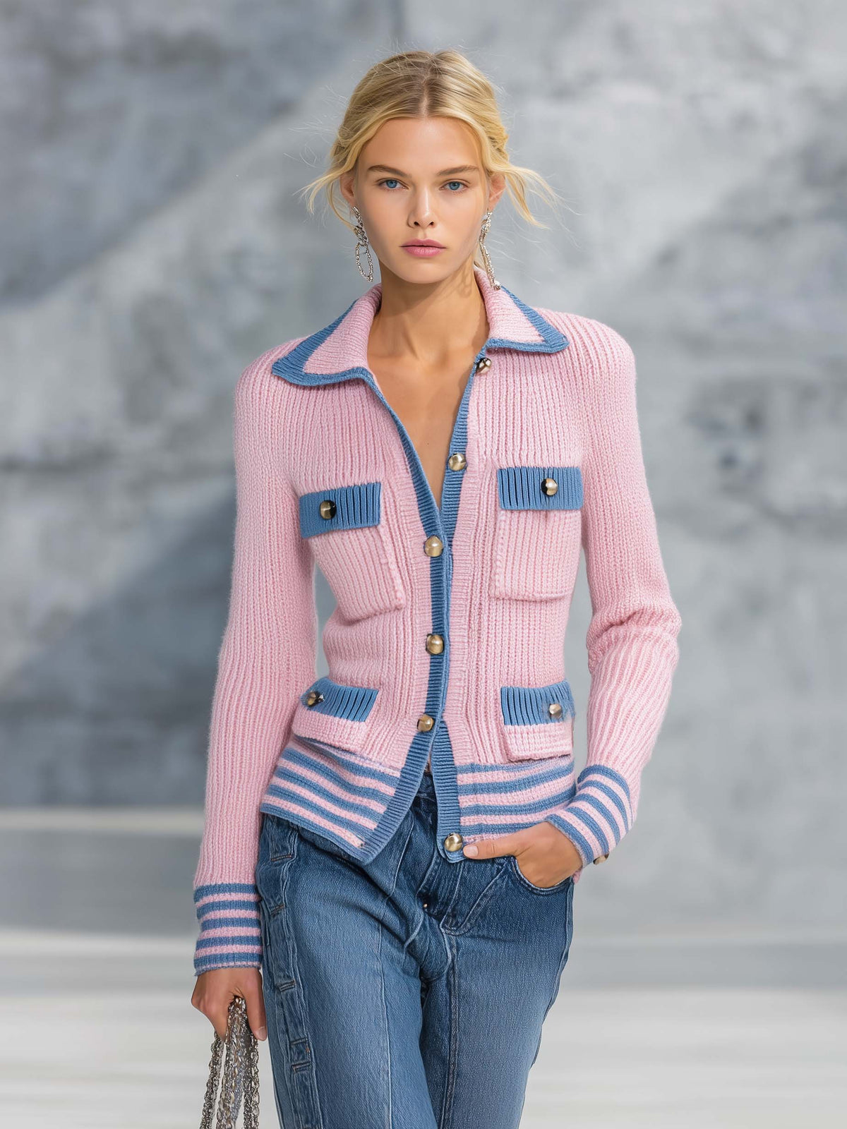 Retro Preppy Pink Knit Cardigan Jacket Blue Contrast Trim Gold Buttons