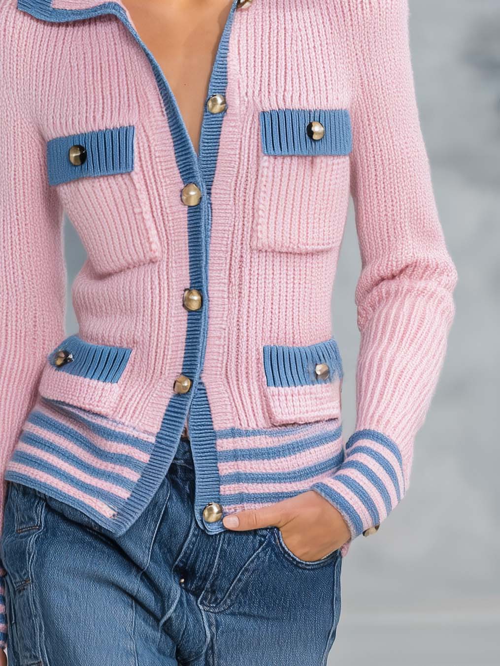Retro Preppy Pink Knit Cardigan Jacket Blue Contrast Trim Gold Buttons