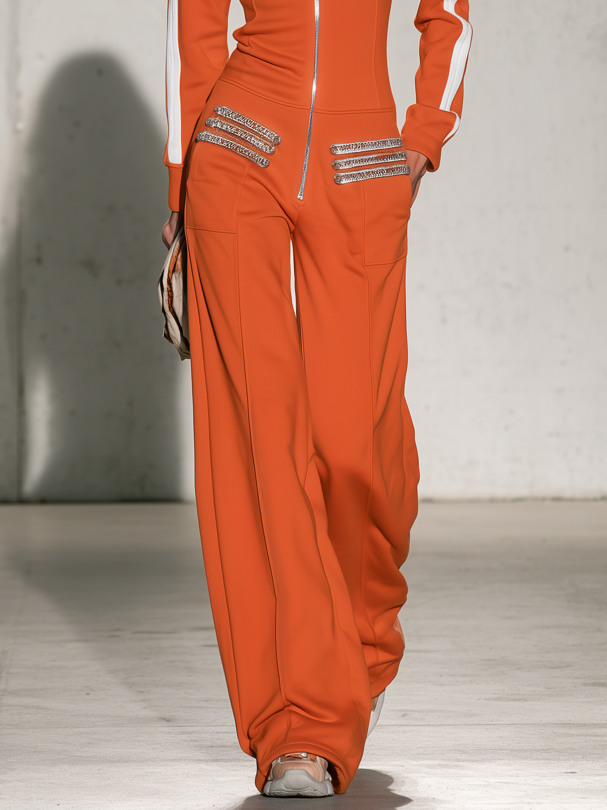 Casual Military-style Orange Sweatshirt-fabric Jumpsuit