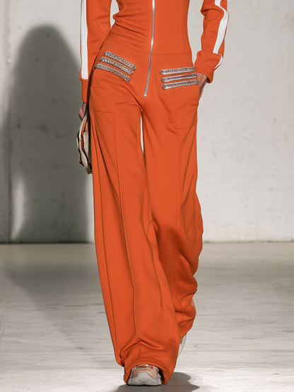 Casual Military-style Orange Sweatshirt-fabric Jumpsuit